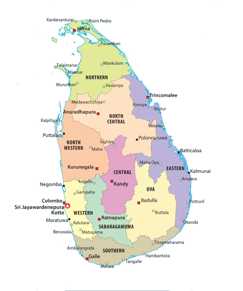 Map of Sri Lanka showing areas of operation