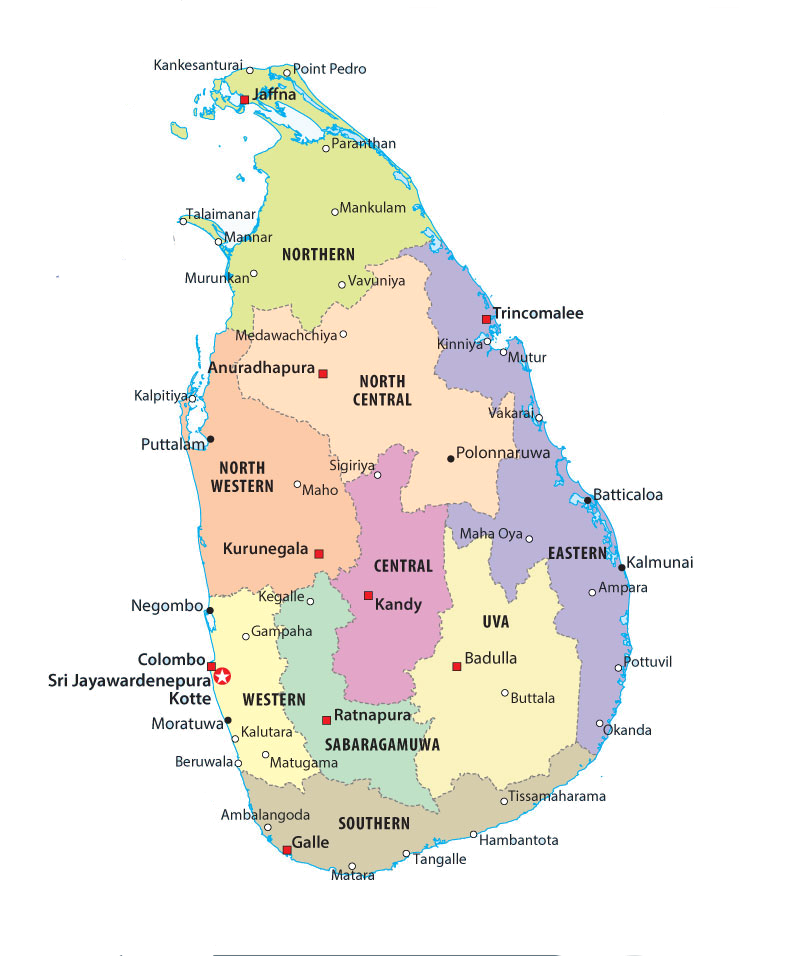 Map of Sri Lanka showing areas of operation